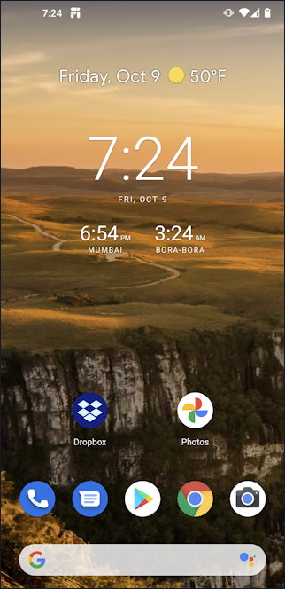 android 10 home screen with world time multiple clocks timezones