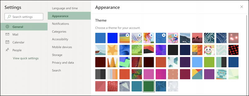 outlook.com main settings preferences area - themes