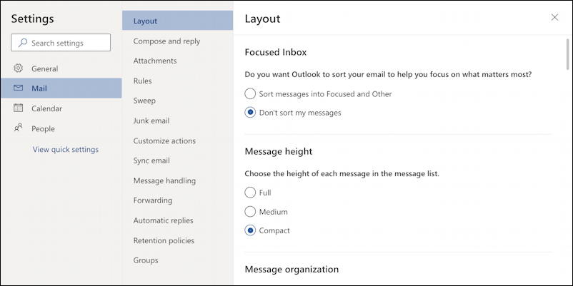 outlook.com settings preferences layout density