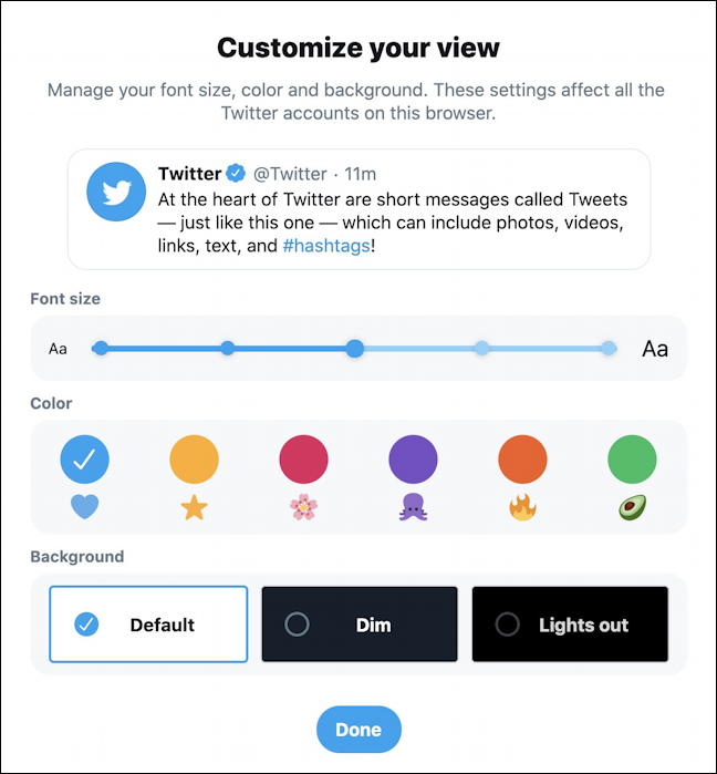 twitter more display theme colors text size