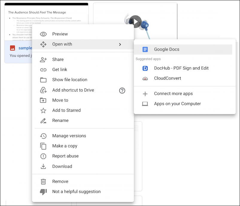 google drive doc context menu options