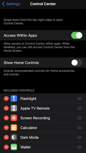 ios14 iphone settings - control center - defaults enabled