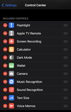 ios14 iphone settings - control center - reorder controls