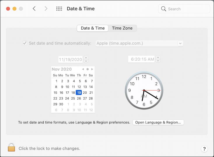 macos 11 big sur - date & time system preference control panel
