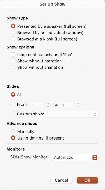 mac powerpoint set up slideshow screen window settings preferences