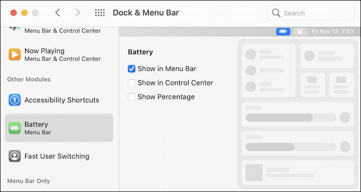 macos 11 big sur - system preferences dock and menu bar - battery
