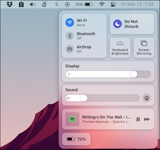 macos 11 big sur - control center with battery shown