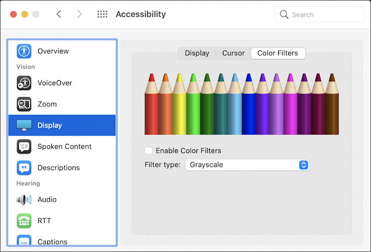 macos 11 big sur - accessibility - display color filters 