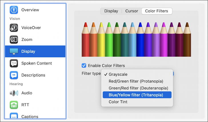 macos 11 big sur - accessibility - display color filters choose deficiency blindness