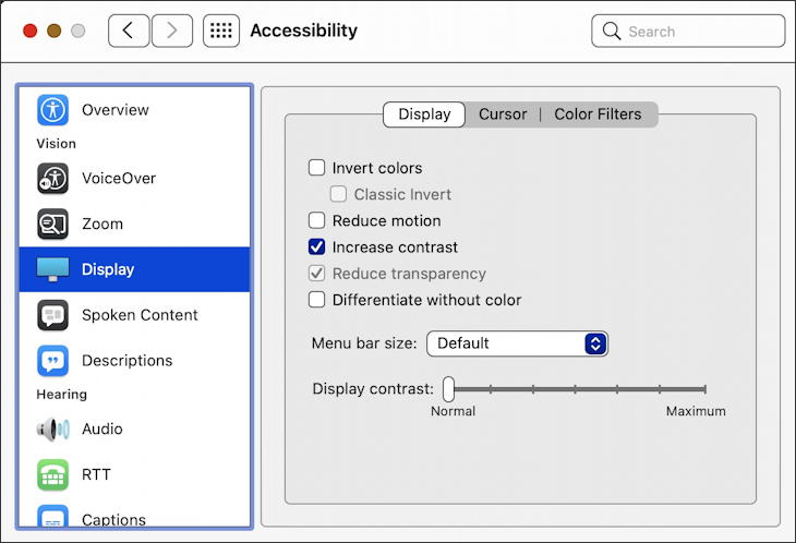 macos 11 big sur - accessibility - display - increased contrast