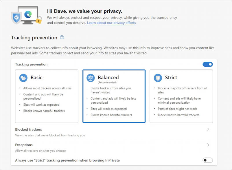 microsoft edge windows privacy - tracking prevention