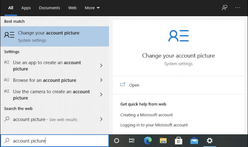 win10 search for 'account picture'