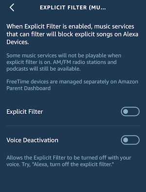 amazon alexa settings app - filter explicit lyrics music echo