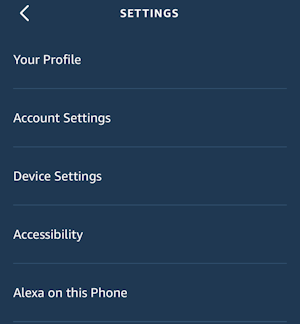 alexa app - settings menu