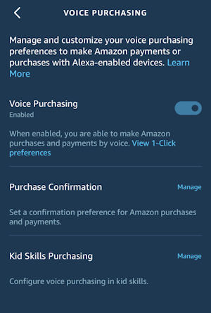 alexa app - settings - voice purchasing - disable kids children 