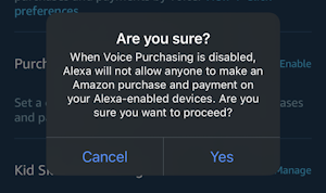 alexa app - settings - voice purchasing - confirm disable purchasing