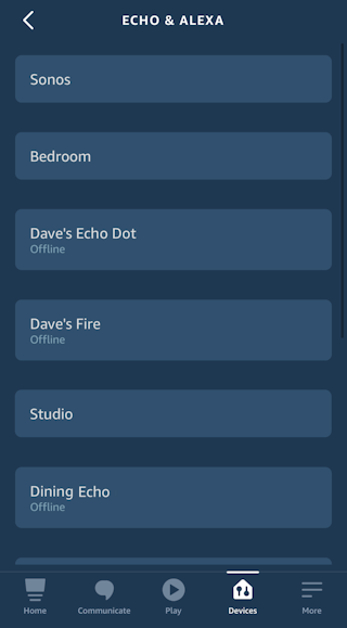 amazon alexa app - iphone ios - list of echo devices