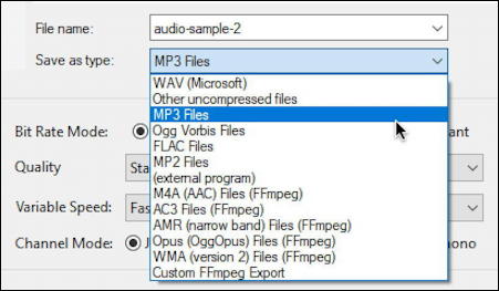 audacity output file formats supported