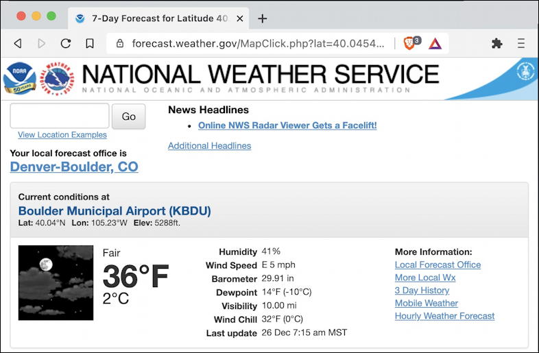 brave browser toolbar - national weather service web site