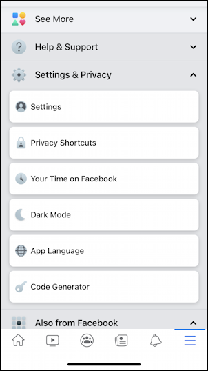 facebook for mobile iphone - main settings preferences menu