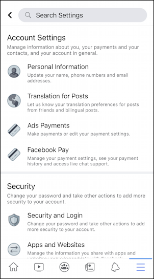facebook for mobile iphone - main menu - settings