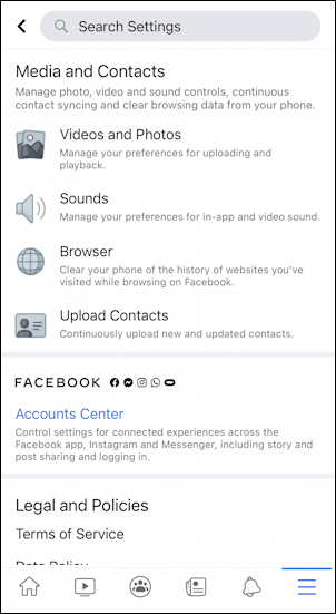 facebook for mobile iphone - media contacts photos video settings