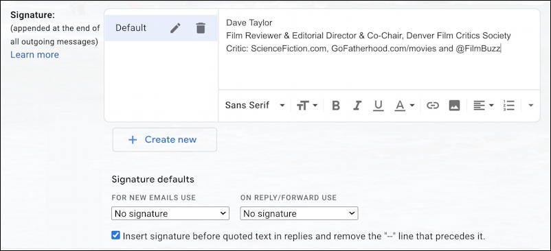 gmail edit create new default automatic signature