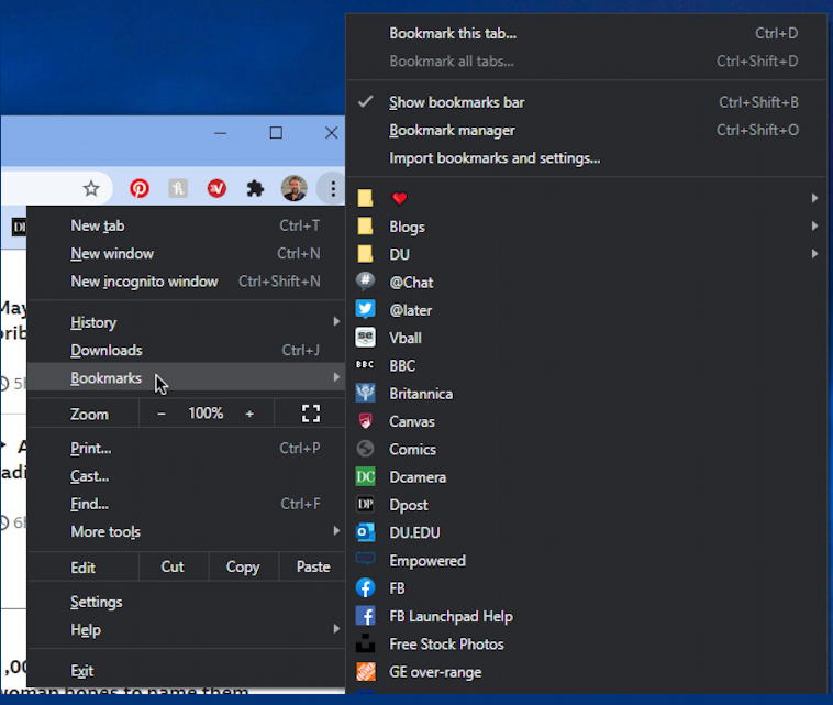 google chrome - export bookmarks - menu