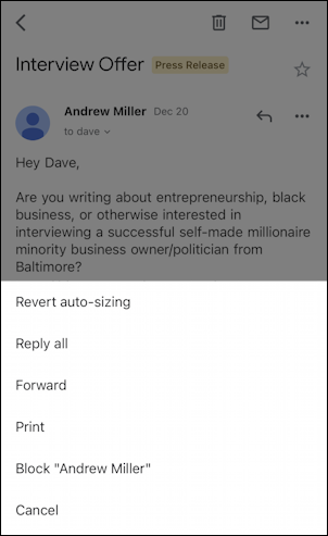 gmail for mobile iphone - message menu