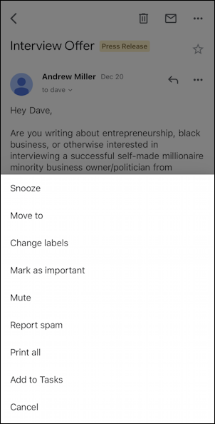 gmail for mobile iphone - main message menu