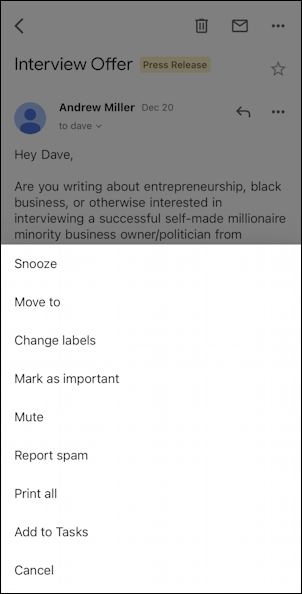 gmail for mobile iphone - main message menu