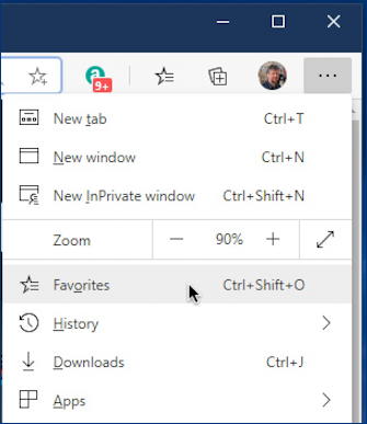 microsoft edge - import bookmarks - main menu