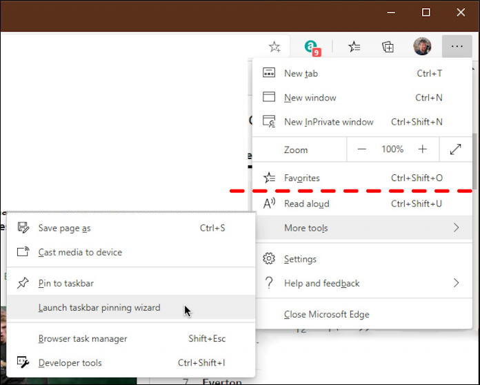 microsoft edge tools menu - more options - pin favorites to taskbar