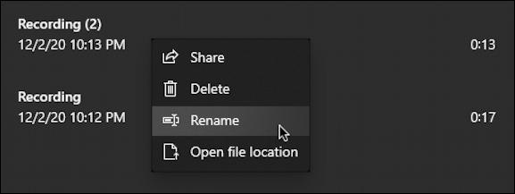 win10 voice recorder - right click context menu rename