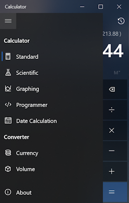 win10 pc calculator app program - main menu