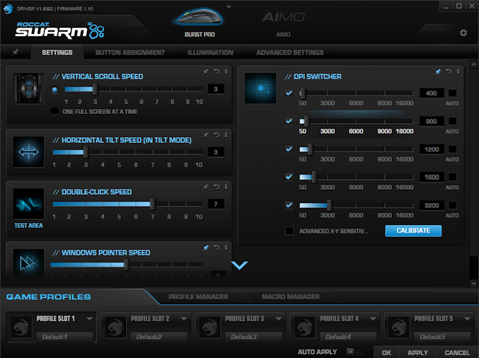 roccat swarm mouse customization settings preferences app window software