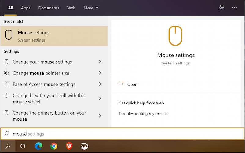 win10 search - mouse settings