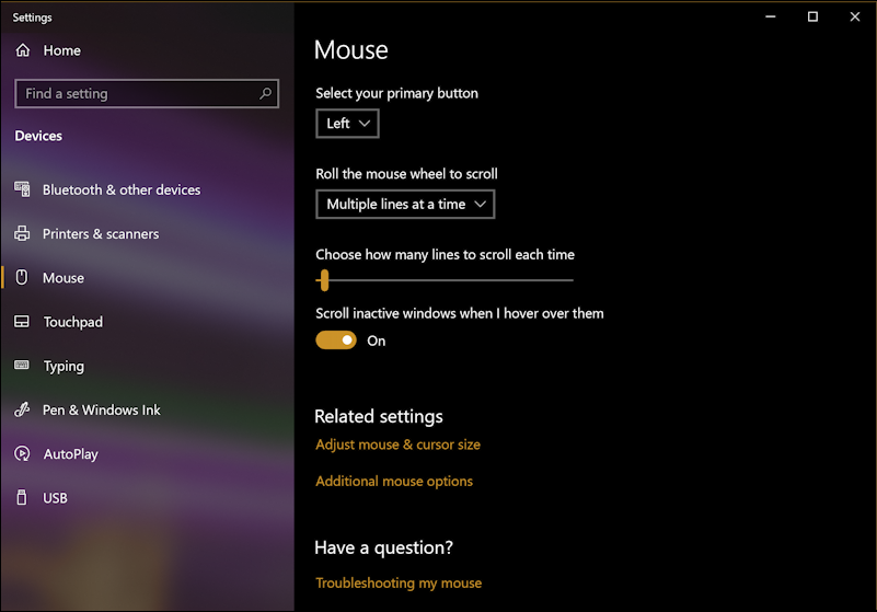 win10 mouse system settings - default options