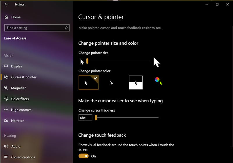 win10 mouse system settings - cursor & size