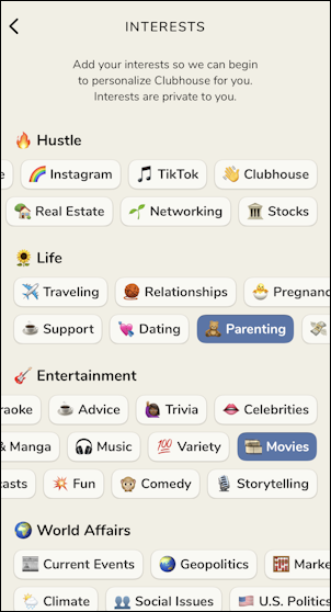clubhouse app set profile - choose interests
