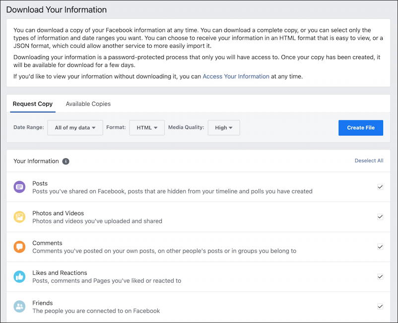 facebook fb export personal contacts list - download your information