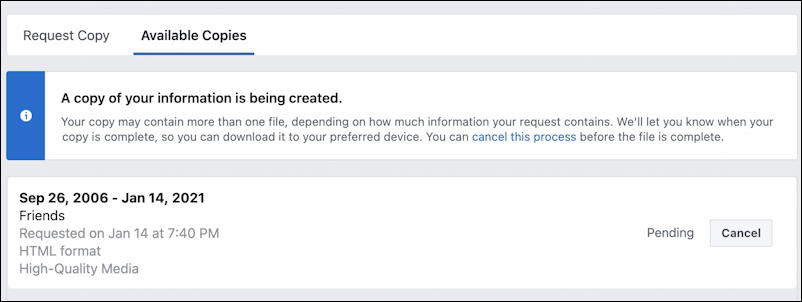 facebook fb export personal contacts list - copy being created