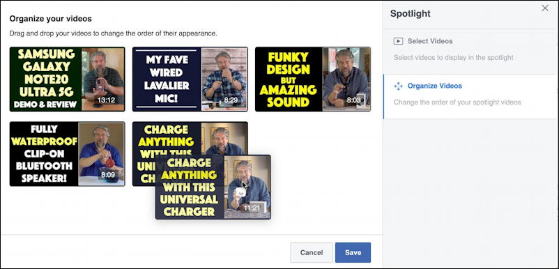 facebook featured spotlight video page - drag to reorder reorganize