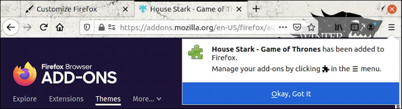 firefox for linux - themes - game of thrones stark house installed 