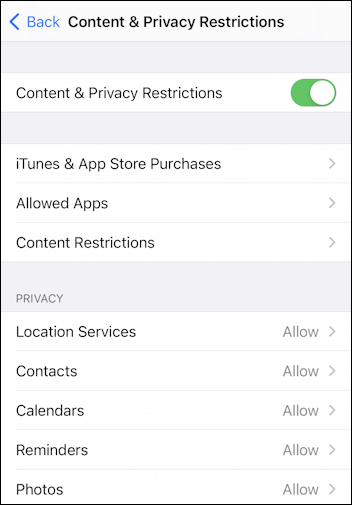 ios14 iphone ipad - settings - content and privacy restrictions - enabled change update