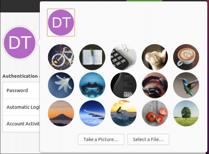 ubuntu linux - settings - users - change profile pic icon
