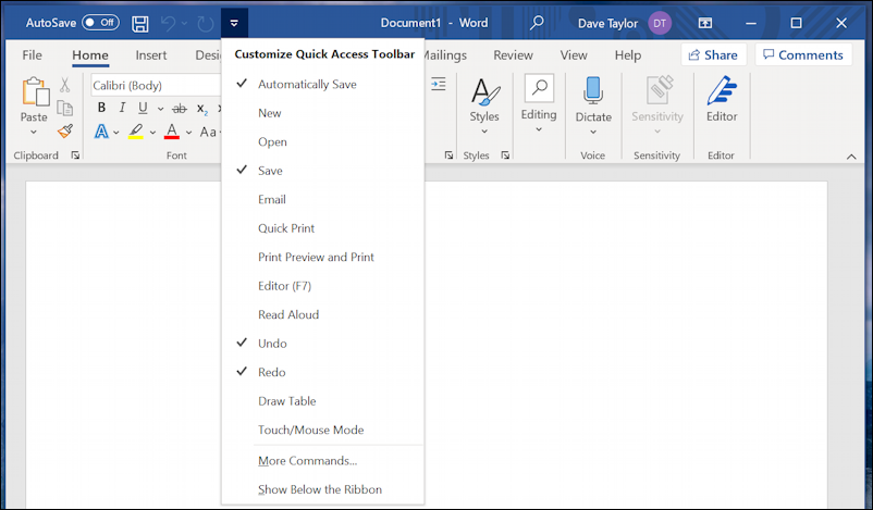 word for windows office 365 - quick access toolbar - customization