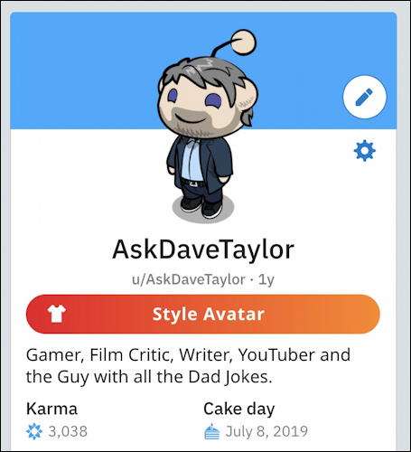 /u/askdavetaylor reddit profile - with custom snoo avatar