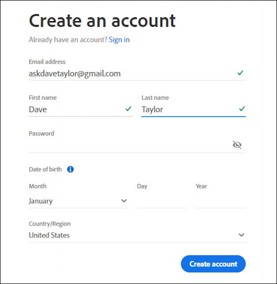 sign up for account html form