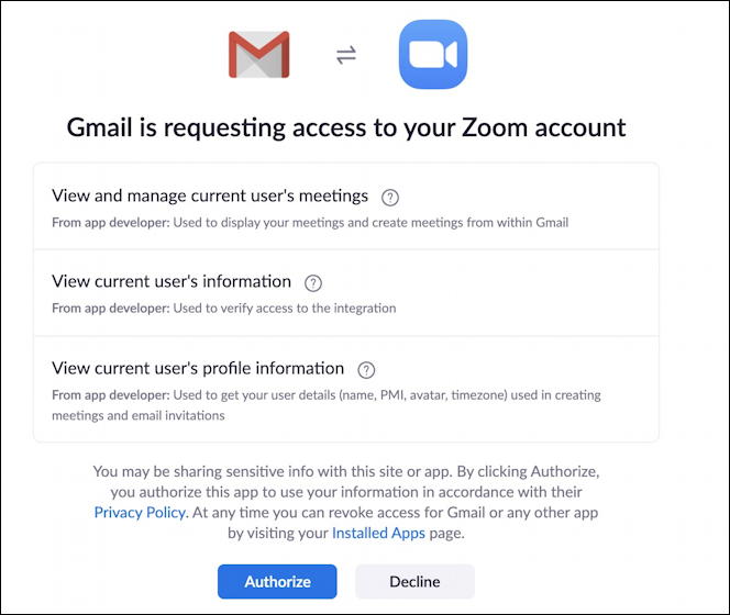 grant permission zoom for gmail extension
